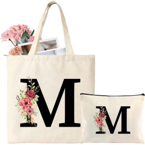 Sjzg-Sac Fourre-Tout En Toile Avec Initiale, Sac Cadeau Personnalis&eacute; Avec Trousse De Maquillage Florale, Adapt&eacute; Pour Mariage, Anniversaire, Plage, Vacances, Excellent Cadeau Pour Femme, Maman - Neuf