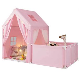 Costway 2 En 1 Tente De Jeux Enfant Avec Parc, Rideaux De Porte, Fen&ecirc;tres, Lumi&egrave;res &Eacute;toil&eacute;es Et Tapis En Coton Lavable, 3+ Ans Rose - Neuf