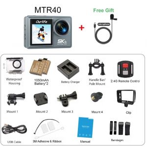 ore-Caméra d'action Ourlife MTR40 5K,écran tactile IPS 2 pouces,Zoom 5X,caméra d'action 170 ° Caméra de sport WiFi étanche 30M avec télécommande - Neuf