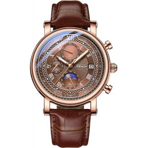 Montre &Agrave; Quartz Analogique Pour Homme Avec Bracelet En Cuir Motif Phase De Lune Montre D&eacute;contract&eacute;e &Eacute;tanche Chronographe.[J623] - Neuf