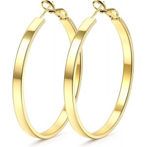 Kal-Boucles D'oreilles Créoles Pour Femmes En Argent 925 Post Créoles Hypoallergéniques Plaquées Or 14k À Gros Tube Creux Boucles D'oreilles Créoles 4mm En Argent Or 30/40/50/60/70mm - Neuf