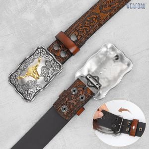 Tzf-Ceinture Western En Cuir Synthétique Pour Homme Avec Boucle Amovible - Ceinture De Cowboy En Cuir Synthétique Pour Pantalon En Jean - Neuf