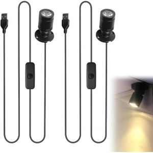 Lot de 2 mini spots LED USB 5 V 3 W orientables &agrave; 360&deg; en aluminium pour armoire,couloir,galeries,vitrines de bijoux (blanc chaud 3000 K) - Neuf