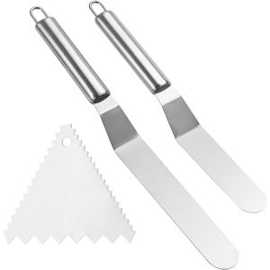 KALANKA-Spatules Coud&eacute;es &agrave; P&acirc;tisserie,2 Pi&egrave;ces Spatule &agrave; Palette en Acier Inoxydable avec 1 Grattoir Plastique, Spatule &agrave; Etaler le Gla&ccedil;age de G&acirc;teau avec Poign&eacute;e de Confort pour la Cr&egrave;me &agrave; Tartiner( - Neuf