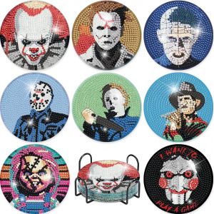 Tianyi-Lot De 8 Dessous De Verre Pour Halloween, Film D'horreur, Peinture Diamant Avec Support, Dessous De Verre À Faire Soi-Même, Fournitures D'artisanat Avec Coussinets En Liège Pour Décoration D'i - Neuf