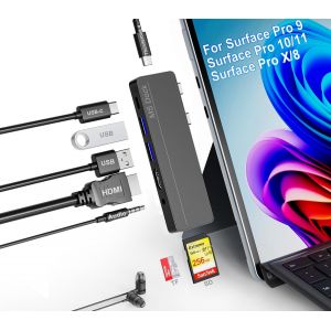 Surface Pro 11 Docking Station Adaptateur Surface Pro 8/9/X/10/11 avec HDMI 4K, Thunderbolt 4 (vid&eacute;o 8K@30Hz + donn&eacute;es 40 G + PD 100 W), Lecteur de SD/TF Microsoft Surface Pro 11 Docking Station - Neuf