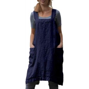 Tablier En Coton Et Lin Croisé Dans Le Dos - Bleu, Taille L - Pour Femme Avec Poches - Robe Chasuble Pour La Pâtisserie Et La Cuisine - Neuf