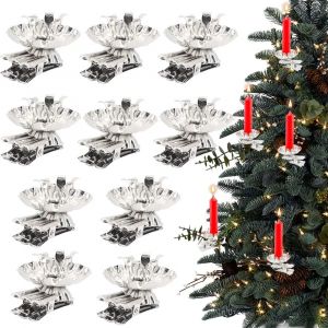 KALANKA-Lot de 10 photophores en métal argenté avec clip pour sapin de Noël - Mini douilles vintage en métal avec clip pour salon, mariage, anniversaire, fête, décoration de Noël - Neuf