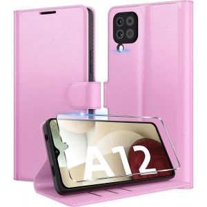 SJZG-Coque Pour Samsung Galaxy A12 /M12 + 1 Verre Tremp&eacute; Protection &Eacute;cran,[Housse Premium En Cuir Pu][Fentes Pour Cartes][Pochette De Portefeuille],Etui &Agrave; Rabat Pour Samsung A12 - Rose - Neuf