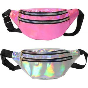 SJZG-Sac Banane Pour Femme - Sangle R&eacute;glable - Sac Banane &Eacute;tanche - Sac Banane Holographique Avec Poches Pour Femme - Pour L'Ext&eacute;rieur, La Randonn&eacute;e, Les Voyages, 1 Argent Et 1 Rose, L, Tendance Et - Neuf