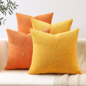 Eryi-Lot De 4 Housses De Coussin Décoratives Carrées En Velours Côtelé À Rayures Avec Fermeture Éclair Invisible - Jaune/Orange - Mélange De Couleurs Assorties - Décoration D'intérieur Pour Canapé - Neuf