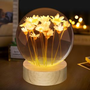 Veilleuse En Forme De Boule De Cristal En Forme De Marguerite - 7 Cm - Avec Base En Bois Usb - Cadeau Pour Femme, Maman, Enfants, Hommes, Femmes(Marguerite) - Neuf