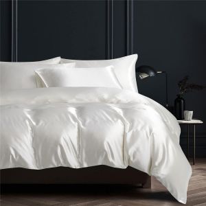 Sjzg-Housse De Couette 220x240cm Satin Blanc Unie Parure De Lit Soie Lisse Soyeux Brillant Doux Sets De Housse De Couette 2 Personnes Avec 2 Taies D'oreiller 65x65cm Avec Fermeture &Eacute;clair - Neuf