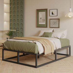 SUBZONAL-Cadre de lit 140 x 190 cm, Cadre de lit Double avec M&eacute;tallique &agrave; Lattes, 36 cm de Haut, Grand Espace de Rangement, Structure Stable, Montage Facile, Silencieux, Noir - Neuf