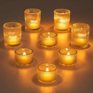 KALANKA-Bougeoirs à Bougie en Verre, Lot De 8 Bougeoirs à Bougie Transparents, Bougeoir à Bougie Votive Nervuré pour Table à Manger, Petit Bougeoir à Bougie, Bougeoirs à Bougie Chic pour Mariage - Neuf