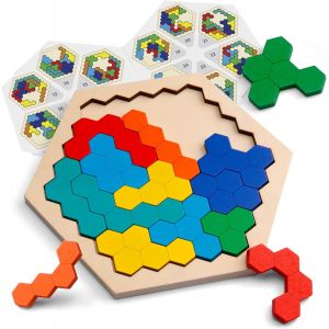 Puzzle hexagonal en bois - Bloc de formes Tangram Jouet casse-t&ecirc;te G&eacute;om&eacute;trie Logique Jeu QI STEM Montessori Cadeau &eacute;ducatif pour tous les &acirc;ges D&eacute;fi - Neuf