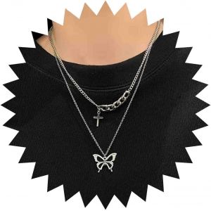 Kal-Collier Papillon Superpos&eacute; Collier Ras Du Cou En Argent Collier Croix Religieuse Collier Collier Papillon Creux Collier Gourmette Bijoux Pour Femmes Et Filles - Neuf