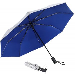 Parapluie de voyage UPF 50+ de 100 cm - Protection solaire - Coupe-vent - Rev&ecirc;tement argent&eacute; - Parapluie bloquant le soleil, bleu, 107 cm - Neuf