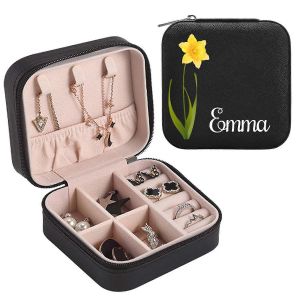 Bo&icirc;te &Agrave; Bijoux R&eacute;glementaire En Cuir Avec Nom Personnalis&eacute; Et Motif De Fleur De Naissance, Cadeau Id&eacute;al Pour Les Occasions Sp&eacute;ciales - Neuf