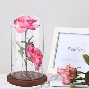 HJLIAN Rose plaquee 24 carats, lumiere LED avec base en verre, cadeau de mariage pour la Saint-Valentin, rose rouge - Neuf