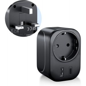 JGD-Adaptateur Prise Anglaise UK Angleterre France avec USB et USB-C, Adaptateur de Voyage, Europe Francais FR 2 Broches vers GB 3 Broches pour Royaumeuni Irlande &Eacute;cosse, Adaptateur Type G - Neuf