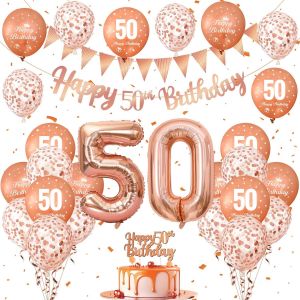 CAUC-Decoration Anniversaire 50 Ans, Ballons Anniversaire avec Ballon Rose Gold, Ballon Paillette et Ballon 50 Ans, Banderole Joyeux Anniversaire, Topper Happy Birthday, pour Deco Anniversaire 50 Ans - Neuf