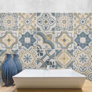 Sjzg-- Autocollants Carrelage Salle De Bain Et Cuisine 24 Pcs 10x10 Cm - Ps00199 D&eacute;coration Murale En Carrelage Mosa&iuml;que Pvc Imperm&eacute;able Style Carreaux De Ciment Azulejos - Neuf