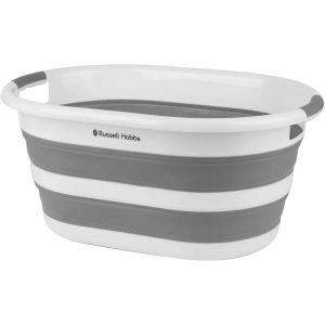 MEVRONISSHOP-LA053879WHTEU Panier de Rangement &agrave; Linge, Corbeille &agrave; Linge Pliable Ovale, Capacit&eacute; de 27 L, Design Peu Encombrant et Portable, Gris/Blanc, 62.5L x 45W x 28H - Neuf