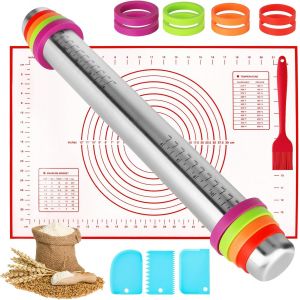 Ayuhr-Rouleau À Pâtisserie Antiadhésif,Rouleau À Pâtisserie En Acier Inoxydable,Rouleau À Pâtisserie Réglable En Acier Inoxydable Avec Anneau,Avec Tapis De Cuisson Pour Pâtisserie À Rouler Pâte - Neuf