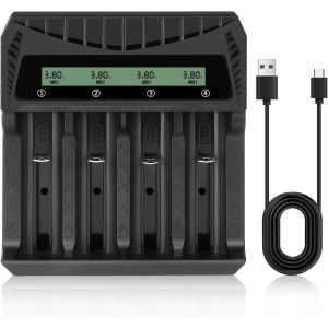 THEF-Chargeur de Piles, Chargeur Piles Rechargeable Charge, Chargeur de Piles AA et AAA 4 Slots, Chargeur de numérique et Intelligent, Charge Rapide, Protection de Charge Intelligente(Ports USB C) - Neuf