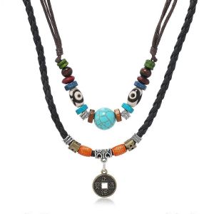 Qingwen Style Rétro Européen Et Américain Multicouche Turquoise Perles Armure Collier En Cuir Personnalité Alliage Bronze Pièce De Monnaie Pendentif Collier Pour Homme - Neuf