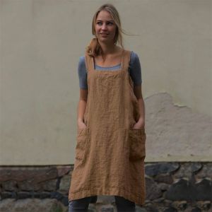 Tablier Carré Pour Femme (L) - Robe Croisée Dans Le Dos En Mélange Coton/Lin Avec 2 Poches - Kaki - Neuf