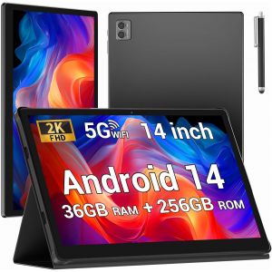 CHECARZHN--NO1-Tablette 14 Pouces Android 14 Tablette Tactile Avec 5G Wifi,36Go+256Go/11580Mah/20W/13+8Mp/Octa-Core/Face Id/Tüv/Gms/Bt5.0/Gps/Tablette Avec Étui,Noir - Neuf