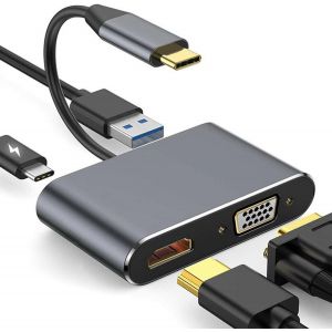 Adaptateur Multiport Usb C Vers Hdmi Vga, Hub Usb Type C 4 En 1 Vers 4K Hdmi/Vga/Usb3.0/Pd, Compatible Avec Macbook Pro, Macbook Air, Ipad Pro, Pixelbook, Xps Et[Z1283] - Neuf