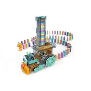 Jeu de train &eacute;lectrique de dominos avec 80 blocs de dominos - Bleu - Neuf