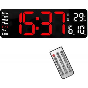 Horloge &Eacute;lectronique LED, 13 Pouces Grand &Eacute;cran avec T&eacute;l&eacute;commande 10 Niveaux de Luminosit&eacute; R&eacute;glables Assise et Suspendue Temp&eacute;rature Date Semaine pour Salon - Neuf
