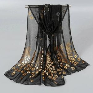 Écharpe Bronzante Paon 170cm X 60cm,Châle Élégant Et Fin Et Respirant Pour Femmes,Protection Solaire Coupe-Vent,Serviette De Plage De Voyage--Noir - Neuf