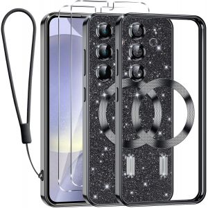 SJZG-Glitter Magn&eacute;tique Pour Samsung S24+ / S24 Plus 5G Con Cordon, [Compatible Avec Magsafe] Antichoc Brillant Paillet&eacute; Housse Souple Couqe Pour Samsung S24+ Avec 2 Pi&egrave;ces Verre Tremp&eacute; &Eacute;tui, Noir - Neuf