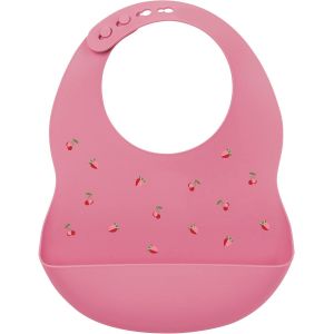 Kal-Bavoir En Silicone Avec Bac De Récupération, Imprimé Cérise, Taille Réglable, Sans Bpa, Environ 20 X 27 Cm, Silicone, Rose - Neuf