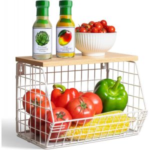 Chenquansarl-Corbeille À Fruits Etagè Pour Cuisine, Empilable Panier Fruits Murale Panier A Fruit En Fil Métallique Avec Couvercle En Bois Avec 2 Crochets Pour Range Rangement Fruits Et Légumes, Blan - Neuf