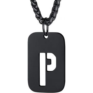 Trahoo-Collier Homme Plaque Initiale Noir En Acier Inoxydable, Chaîne Pendentif Dog Tag Avec L'alphabet Creux - Neuf