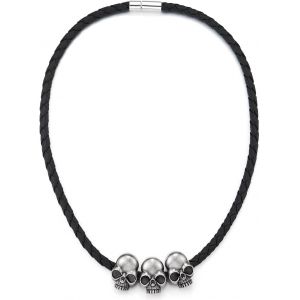 Kal-Collier Triple Cr&acirc;ne Pour Homme, Perles En Acier Inoxydable Sur Cordon Tress&eacute; En Cuir, Style Gothique Punk Biker - Neuf