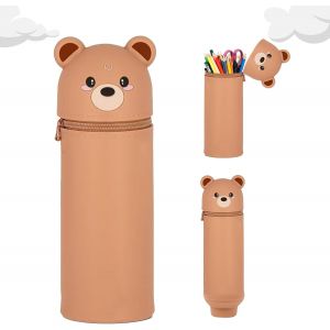 Kal-Trousse Silicone Verticale,2 In 1 Grande Capacit&eacute; Extensible &Eacute;tui &Agrave; Crayon,Trousse Kawaii Fermeture Eclair En Silicone Porte-Stylo De Table Pour Gar&ccedil;on Et Fille(Ours Marron) - Neuf