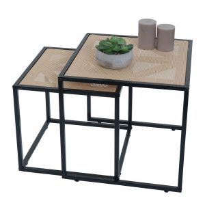 Lot de 2 tables d'appoint HWC-N88, table basse table de salon, tress&eacute;e aspect rotin - Neuf