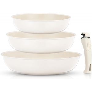 Subzonal-Lot De 3 Po&ecirc;les 20/24/28 Cm Avec Poign&eacute;e Amovible, Poele Induction Pour Tous Les Types De Plaques De Cuisson, Poele Ceramique, Passe Au Four Et Au Lave-Vaisselle, Aluminium, Beige - Neuf