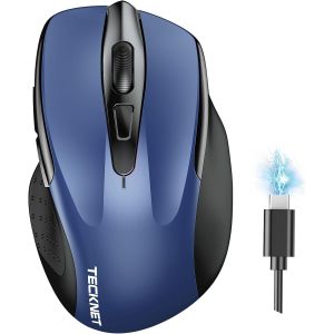 DDA-Souris Bluetooth,Souris sans Fil Rechargeable Silencieuse 3 Modes (BT5.0/3.0+2.4G) 4800 DPI Souris Ergonomique pour Ordinateurs,Portables,Mac, PC,Windows,Bleu - Neuf