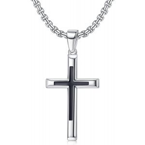 Trahoo-Collier Croix Chrétienne Homme Femme Pendentif Croix Noire En Argent 925 Avec 3mm Large Acier Inoxydable Vénitienne Chaîne Argent Homme Femme 41-66cm Bijoux Cadeau - Neuf