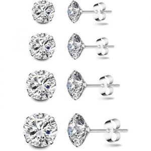 Lot De 4 Boucles D'oreilles Cubique Zircone Femme Homme Hypoallergénique Ronde Boucles D'oreilles, Diamètre 3/4/5/6mm - Neuf