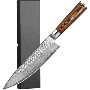 Oayew-Couteau De Cuisine Damass&eacute;, Couteau De Chef, Couteau Professionnel De 20 Cm En V&eacute;ritable 67 Couches D'acier Damass&eacute; Avec Manche En Bois - Neuf