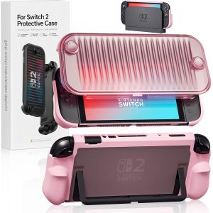 Coque Pour Switch 2 (2025),TPU Protective Case +Couverture de Protection Avant pour Switch 2,Accessoires avec Shock-Absorption et Slim Skin Shell(Rose) - Neuf